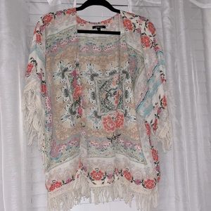 Women’s Boho Fashionable Print Kimono Cover Up Top Short Sleeve Fringe